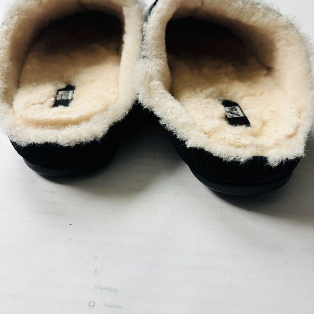 FitFlop Chrissie Shearling Slipper Mule Black Suede Womens Size 9 Cabin Chic - Picture 8 of 10